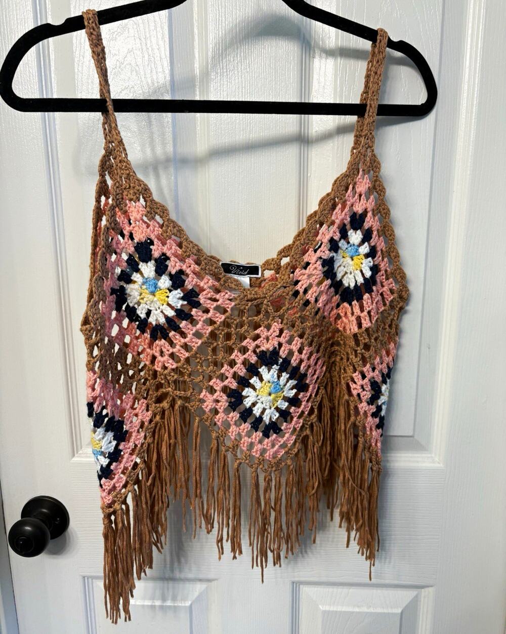Vivid Women's XL Crochet Fringe Spaghetti Strap Boho Indie Festival Hippie